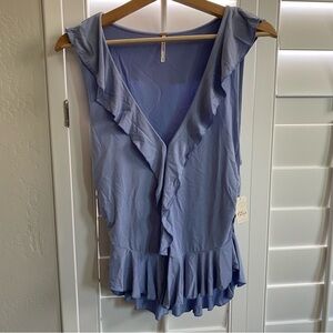 Free People Dusty Blue Front close Ruffled tank Blouse size Large NWT $68 MSRP